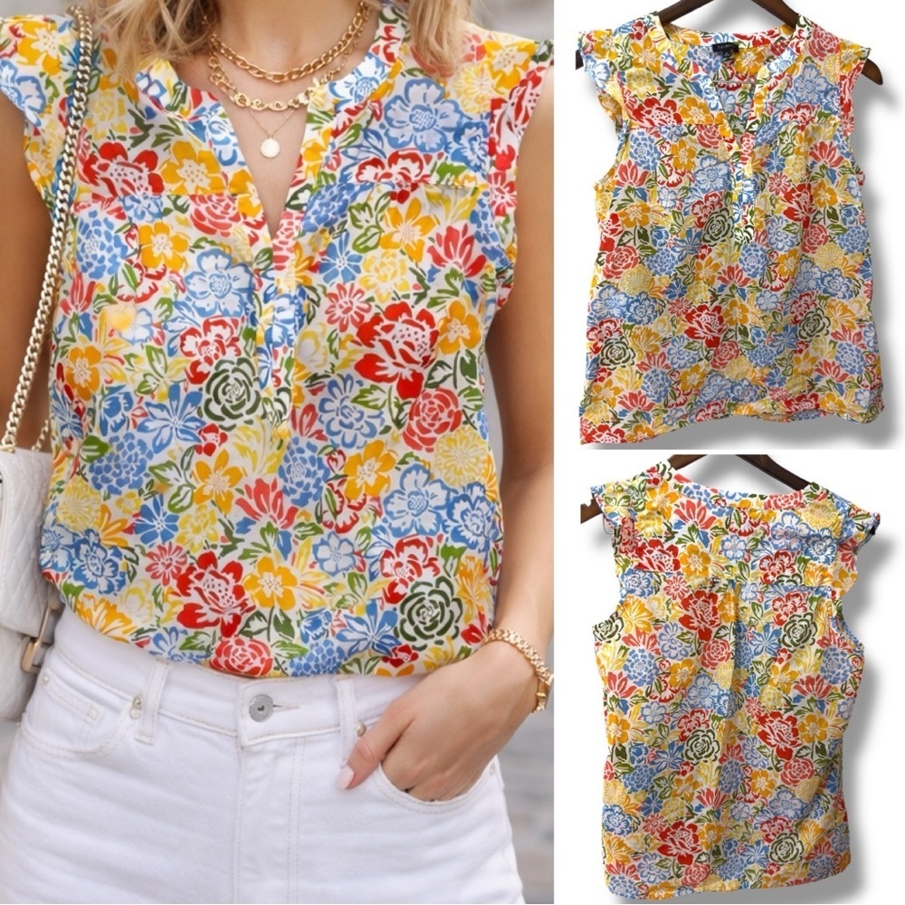 Talbots | NWOT 100% Cotton Multicolor Floral Cap-Sleeve V-Neck Top (size M)